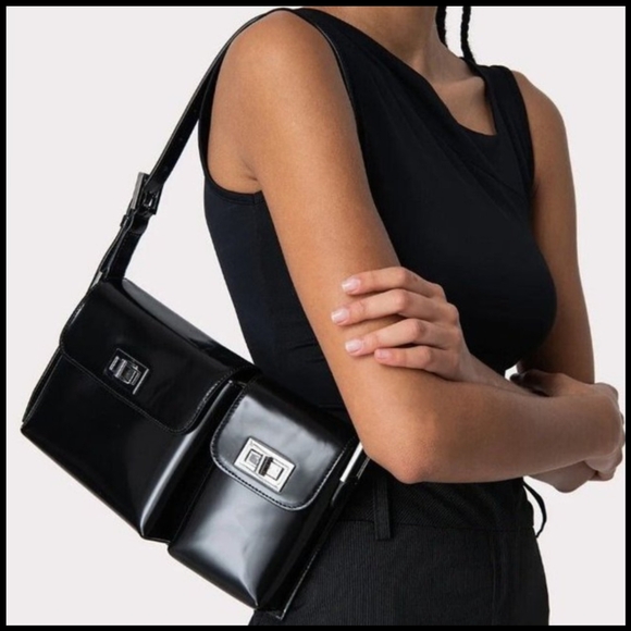 EUC BY FAR Billy Black Semi Patent Leather Bag